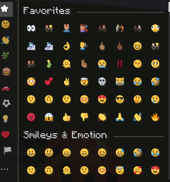 Simple Emojis picker menu showing Favorites and Smileys and Emotion categories inside Minecraft.